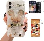 Hosiss Cartoon Case for iPhone 12 6.1'' with HD Screen Protector, Mickey Mouse with Quicksand Cell Phone Holder Strap Soft TPU Shockproof Protective for Girls Women