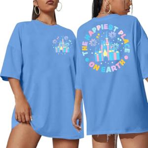 Oversized Magical Shirt Women Happiest Place on Earth Shirt Magic Kingdom Shirts Cute Castle Graphic Family Holiday Tee Tops Blue