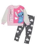 Disney Stitch Toddler Girls’ Outfit Set - Two Piece Sweatshirt with Metallic Hearts & Happy Slogan and Printed Leggings (Pink, 6)