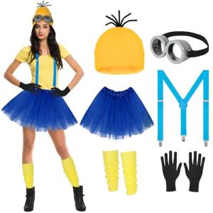 Tinyones 6 Pcs Women's Halloween Costume Accessories Set, Goggles/Yellow Beanie/Blue Dress/Blue Suspenders/Gloves/Yellow Stockings