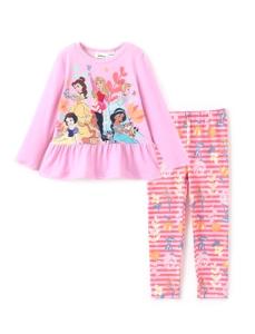 Disney Princess Clothes for Toddler Girls Ruffle Hem Long-sleeve Sweatshirt Tops Stripe Pattern leggings 2PCS Snow White Belle Aurora Cinderella Pocahontas and Jasmine Pink 5-6 Years