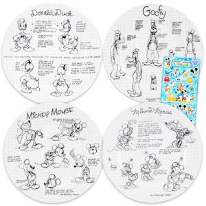 Disney Sketchbook Dinner Plate Set of 4 - Bundle with 10.5" Microwave and Dishwasher Safe Dinnerware Featuring Mickey, Minnie, Donald, Pluto Plus Stickers | Disney Dinner Plate 4 Pack