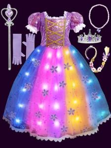 Princess Costume for Girls 3-9, RGB Lights Music Sync Princess Dress Up Clothes Girls Halloween Costumes with Accessories, Toddler Princess Dress App Remote Control for Birthday, Party, Christmas