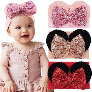 BBGifts 3PCS Baby Girl Mouse Ears Headbands with Sequin Bow, 4.5inches Wide Nylon Turban Hairband, Theme Park Headwear, Hair Bow Headband for Toddler, Kids, Party Supplies