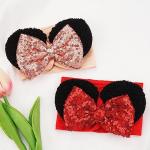 BBGifts 3PCS Baby Girl Mouse Ears Headbands with Sequin Bow, 4.5inches Wide Nylon Turban Hairband, Theme Park Headwear, Hair Bow Headband for Toddler, Kids, Party Supplies