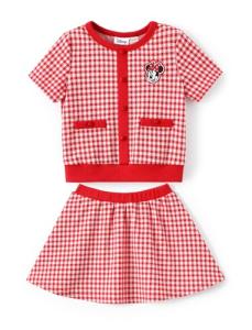 Disney Minnie Mouse Toddler Girl 2 Piece Outfit Red Short Sleeve Character Print Button Knit Top & Tweed Skirt Set Birthday Party Elegant Dress Theme Park Costume Summer Clothes Gift 4-5T