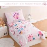 PERFEMET 4 Pieces Girls Toddler Bedding Set Pink Castle Fairy Tales Toddler Comforter Set Reversible Colorful Rainbow Princess Printed Toddler Bed Set with Sheets(Pink, Castle)