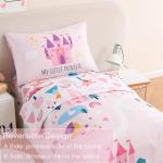 PERFEMET 4 Pieces Girls Toddler Bedding Set Pink Castle Fairy Tales Toddler Comforter Set Reversible Colorful Rainbow Princess Printed Toddler Bed Set with Sheets(Pink, Castle)