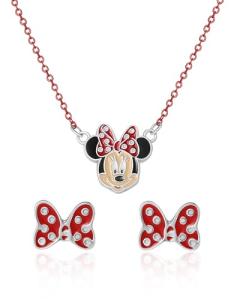Disney Minnie Mouse Necklace and Stud Earrings for Women Official License, Fashion Jewelry Set with Red Chain and Enamel