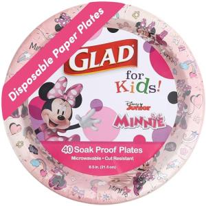 Glad for Kids Disney Mickey and Friends Pink Minnie Disposable Paper Plates, Heavy Duty Soak Proof Microwave Safe Plates for Snacks, Meals, Parties, Everyday Use, Pink, 8.5 Inch, 40 Count