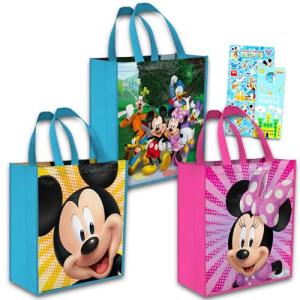 Disney Mickey & Minnie Mouse Tote Bag Set - 3 Classic Disney Reusable Grocery Bags, Travel Totes, for Party Favor Supplies, Plus Stickers