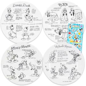 Disney Sketchbook Dinner Plate Set of 4 - Bundle with 10.5" Microwave and Dishwasher Safe Dinnerware Featuring Mickey, Minnie, Donald, Pluto Plus Stickers | Disney Dinner Plate 4 Pack
