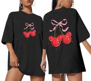 Vieawfi Magical Shirt for Women Cherry Bow Graphic Oversized T Shirt Family Holiday Vacation Funny Cute Aesthetic Tee Tops(Black,L)