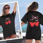 Vieawfi Magical Shirt for Women Cherry Bow Graphic Oversized T Shirt Family Holiday Vacation Funny Cute Aesthetic Tee Tops(Black,L)