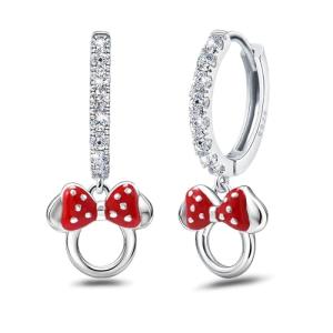 S925 Sterling Silver Shinny CZ Red Dropper Mouse Hoop Earrings Hollowed Out Mouse Bow Huggie Fashionable Cute Exquisite Small Animal Earrings For Women Wife Girlfriend Wedding Birthday