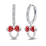S925 Sterling Silver Shinny CZ Red Dropper Mouse Hoop Earrings Hollowed Out Mouse Bow Huggie Fashionable Cute Exquisite Small Animal Earrings For Women Wife Girlfriend Wedding Birthday