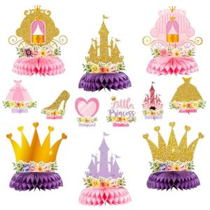 ArowlWesh 12Pcs Floral Princess Party Honeycomb Centerpieces Princess Theme Party Decorations Supplies Pink and Gold Castle Crown Carriage Baby Shower Birthday Table Toppers for Girls