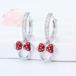 S925 Sterling Silver Shinny CZ Red Dropper Mouse Hoop Earrings Hollowed Out Mouse Bow Huggie Fashionable Cute Exquisite Small Animal Earrings For Women Wife Girlfriend Wedding Birthday