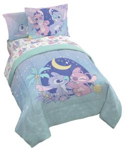 Jay Franco Disney Lilo and Stitch Full Size Comforter Set - 7 Piece Floral Bedding Includes Sheet Set & Pillow Covers Features Angel - Super Soft Purple & Teal Stars Kids Bedding