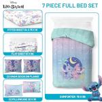 Jay Franco Disney Lilo and Stitch Full Size Comforter Set - 7 Piece Floral Bedding Includes Sheet Set & Pillow Covers Features Angel - Super Soft Purple & Teal Stars Kids Bedding