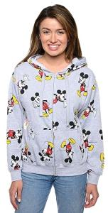 Disney Womens Hoodie Mickey Mouse All Over Print Zip Up (Heather Grey, X-Large)