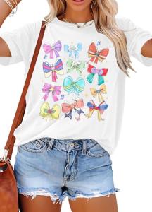 Magical Shirts Women Oversized Magical Princess Bow Shirt Cute Ribbons and Bows Graphic Tees Family Holiday Short Sleeve Tops