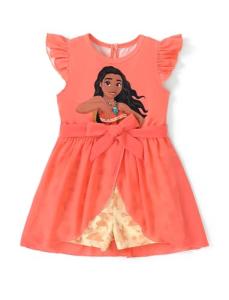 Disney Princess Moana Toddler Girl Romper With Tulle Skirt Overlay Orange Charater Print Ruffle Sleeve Tie Waist Bow Birthday Summer Jumpsuit 5-6Y