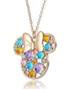 Disney Minnie Mouse Necklace for Women Official License, 16"+3" Gold-Tone Multicolored Crystal Pendant Minnie Necklace