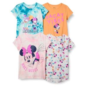 Amazon Essentials Disney | Marvel | Star Wars | Frozen | Princess Girls' Short-Sleeve T-Shirts, Pack of 4, Minnie/Beach, Large