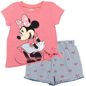 Disney Minnie Mouse Toddler Girls T-Shirt and Chambray Shorts Outfit Set Coral/Blue Pin Stripes Bows 3T