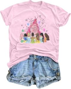 Magical Shirts for Women: Princess Shirt Magic Kingdom T Shirt Funny Family Vacation Tee Casual Holiday Tee Tops Pink
