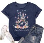 Magical Shirt for Women Happiest Place On Earth T-Shirt Balloon Flower Graphic Short Sleeve Tops Holiday Tee
