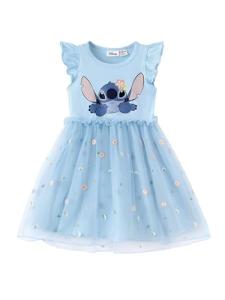 Disney Lilo & Stitch Toddler to Teen Girl Dresses Ruffle Short Sleeve Tutu Sparkle Tulle Skirt Summer Mesh Clothes Birthday Party Gift Theme Park Costume Casual Outfit Holiday Decoration Blue 6-7 Y