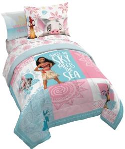 Jay Franco Disney Moana Twin Comforter Set â€“ Tropical Patchwork 5 Piece Bedding Features Pua and HEI HEI - Includes Sheet Set & Pillow Covers - Super Soft Kids Microfiber Bed Set