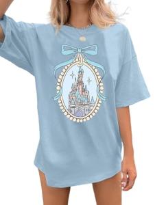jusgai Magic Kingdom Tshirts for Women Cute Castle Shirt Oversized Bows Graphic Tee Family Vacation Short Sleeve Tops(Blue,Large)
