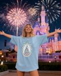 jusgai Magic Kingdom Tshirts for Women Cute Castle Shirt Oversized Bows Graphic Tee Family Vacation Short Sleeve Tops(Blue,Large)