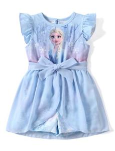 Disney Frozen Elsa Toddler Girl Romper With Tulle Skirt Overlay Blue Snowflake Print Ruffle Sleeve Tie Waist Bow Birthday Summer Jumpsuit 5-6Y