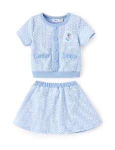 Disney Frozen Elsa Toddler Girl 2 Piece Outfit Blue Short Sleeve Character Print Button Knit Top & Tweed Skirt Set Birthday Party Elegant Dress Theme Park Costume Summer Holiday Clothes Gift 4-5T