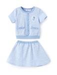 Disney Frozen Elsa Toddler Girl 2 Piece Outfit Blue Short Sleeve Character Print Button Knit Top & Tweed Skirt Set Birthday Party Elegant Dress Theme Park Costume Summer Holiday Clothes Gift 4-5T