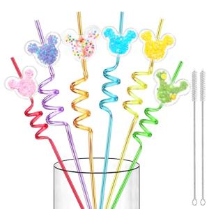 24 Glitter Mouse Ear Party Favors-Reusable Drinking Straws-Birthday Oh Twodles Party Supplies- Plastic Straws for Boys Girls Party Decorations,Princess Theme Crazy Silly Straw with 2 Cleaning Brushes