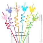 24 Glitter Mouse Ear Party Favors-Reusable Drinking Straws-Birthday Oh Twodles Party Supplies- Plastic Straws for Boys Girls Party Decorations,Princess Theme Crazy Silly Straw with 2 Cleaning Brushes
