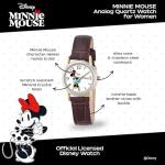 Minnie Mouse Watch for Women – Stylish Minnie Mouse Watches for Women, Gift for Watch Lovers, Elegant & Fun Timepiece – Brown Leather Strap, Silver Case, White Dial, Gold Bezel