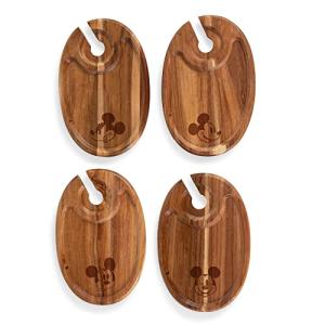 PICNIC TIME Disney Mickey Mouse Wine Appetizer Plate Set of 4 with Glass Holder, Acacia Wood Cocktail Plates for Cheese Charcuterie and Entertaining with Cutout Wine Slot, (Acacia Wood)