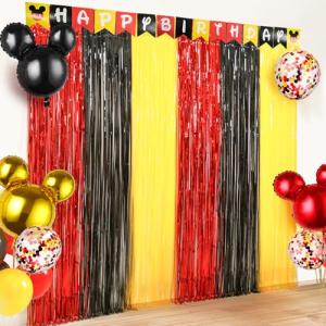 Cartoon Mouse Birthday Decorations, 2 Pack Cute Mouse Party Photo Booth Props, Black Red Yellow Teal Fringe Curtains Tinsel Photo Streamers Backdrop for Cartoon Mouse Birthday Party Supplies