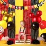 Cartoon Mouse Birthday Decorations, 2 Pack Cute Mouse Party Photo Booth Props, Black Red Yellow Teal Fringe Curtains Tinsel Photo Streamers Backdrop for Cartoon Mouse Birthday Party Supplies