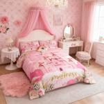 Manfei Kids Princess Comforter Set Bed in a Bag Twin Size 2 Piece Soft Cute Pink Princess Castle Girls Bedding Set (1 Comforter, 1 Pillowcase)