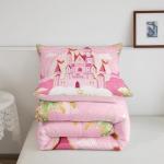 Manfei Kids Princess Comforter Set Bed in a Bag Twin Size 2 Piece Soft Cute Pink Princess Castle Girls Bedding Set (1 Comforter, 1 Pillowcase)