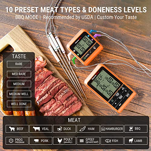 Wireless BBQ Grill Thermometer with 4 Probes, 1000FT+ Range