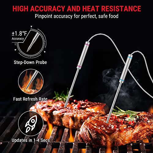 Wireless BBQ Grill Thermometer with 4 Probes, 1000FT+ Range