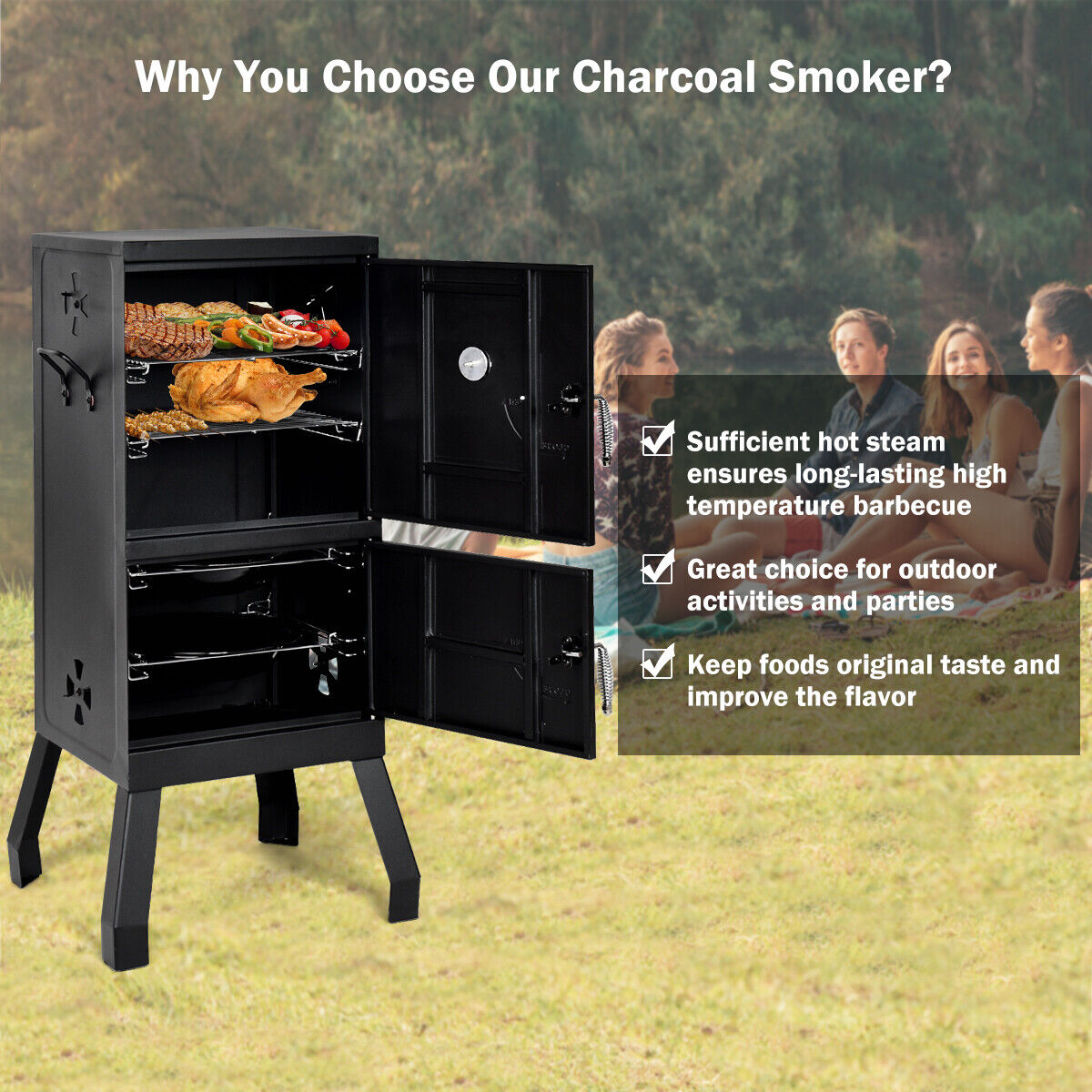 Vertical Charcoal Smoker Grill with Temperature Gauge